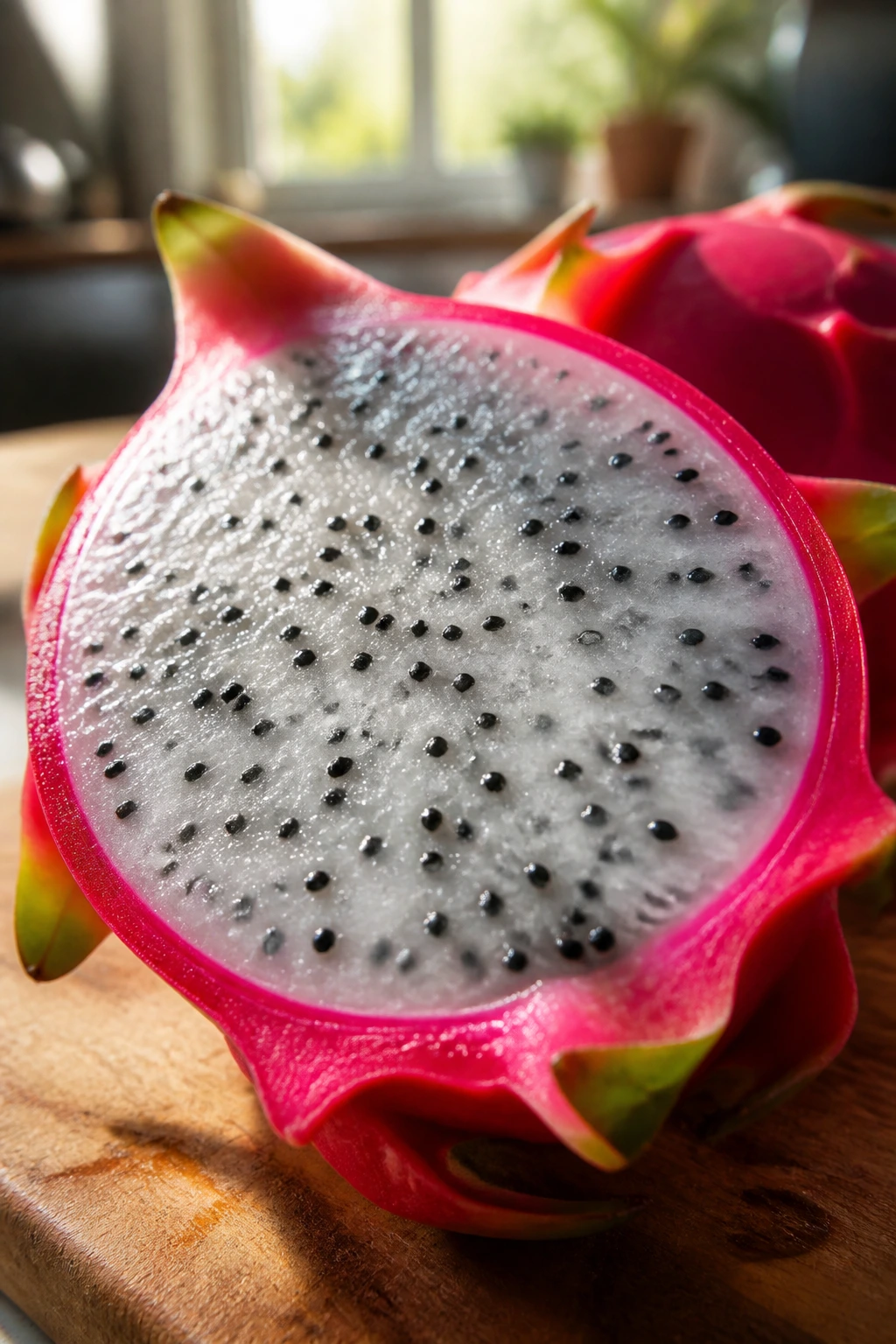 What Is The Sweetest Dragon Fruit Variety? 1 Close-up of a ripe dragon fruit showing pink skin and white flesh with seeds to emphasize sweetness