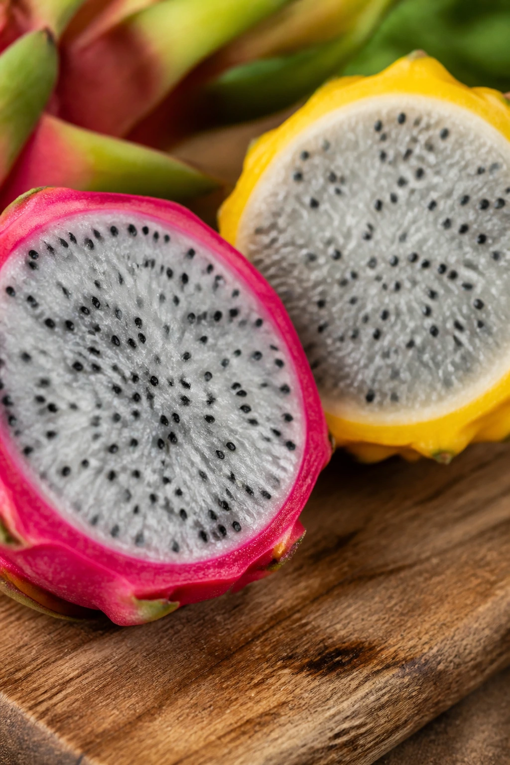 Close-up of dragon fruit flesh and seeds showcasing texture