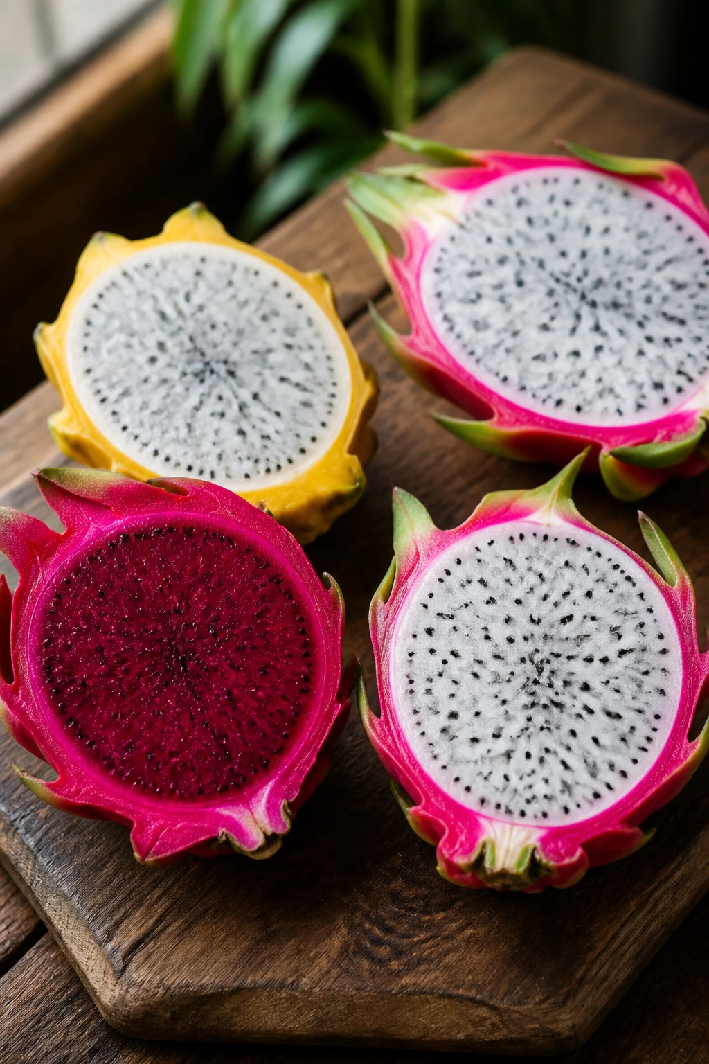 How To Identify Dragon Fruit Varieties 1 Close-up collage of four dragon fruit varieties showing red flesh, white flesh, yellow skin, and pink-green skin on a wooden board
