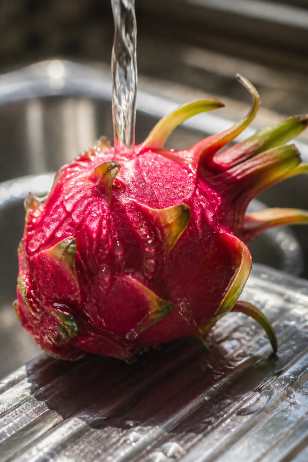 Dragon fruit being washed under cool water