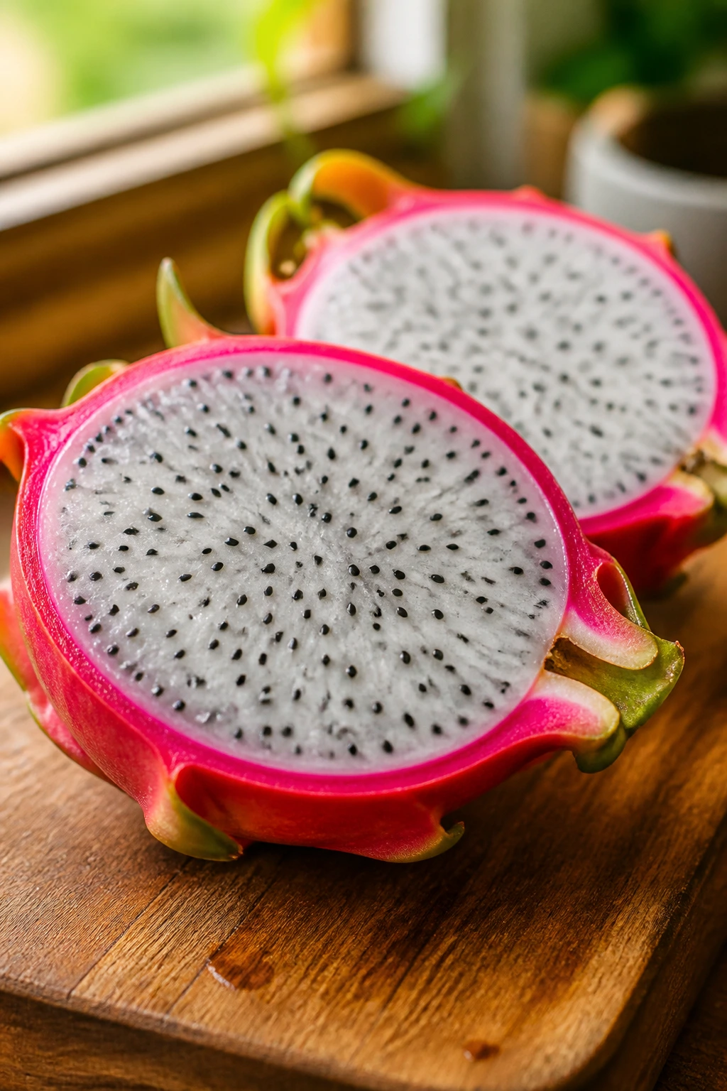 10 Dragon Fruit Benefits for Thyroid Patients 9 Close-up of dragon fruit halves on a wooden board, showcasing pink skin and white flesh