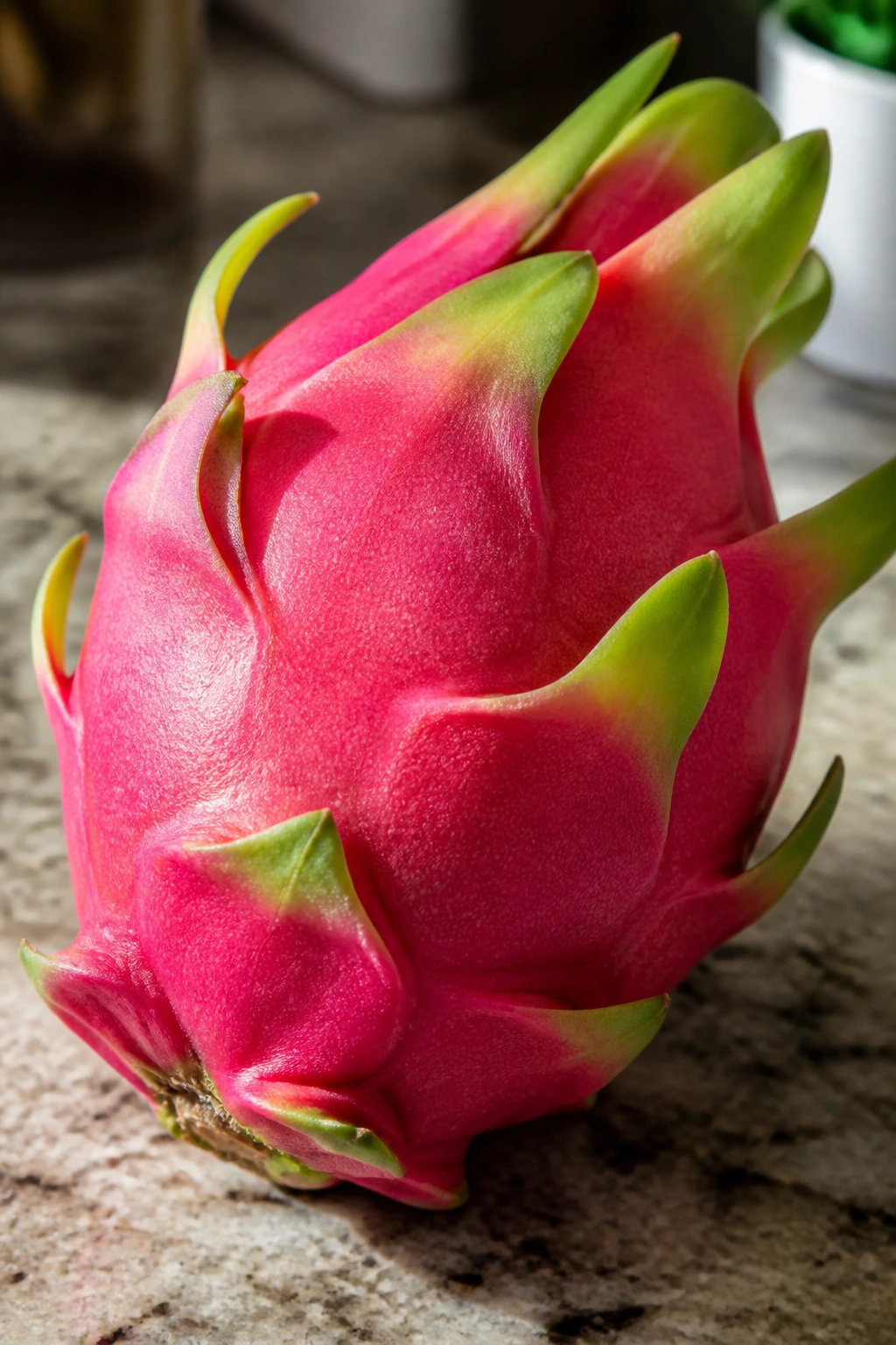 15 Benefits Of Eating Dragon Fruit During Pregnancy 6 Whole dragon fruit dominating frame on a kitchen counter