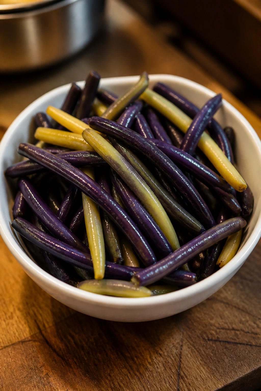 Close-up of cooked dragon tongue beans in a bowl highlighting nutrition.