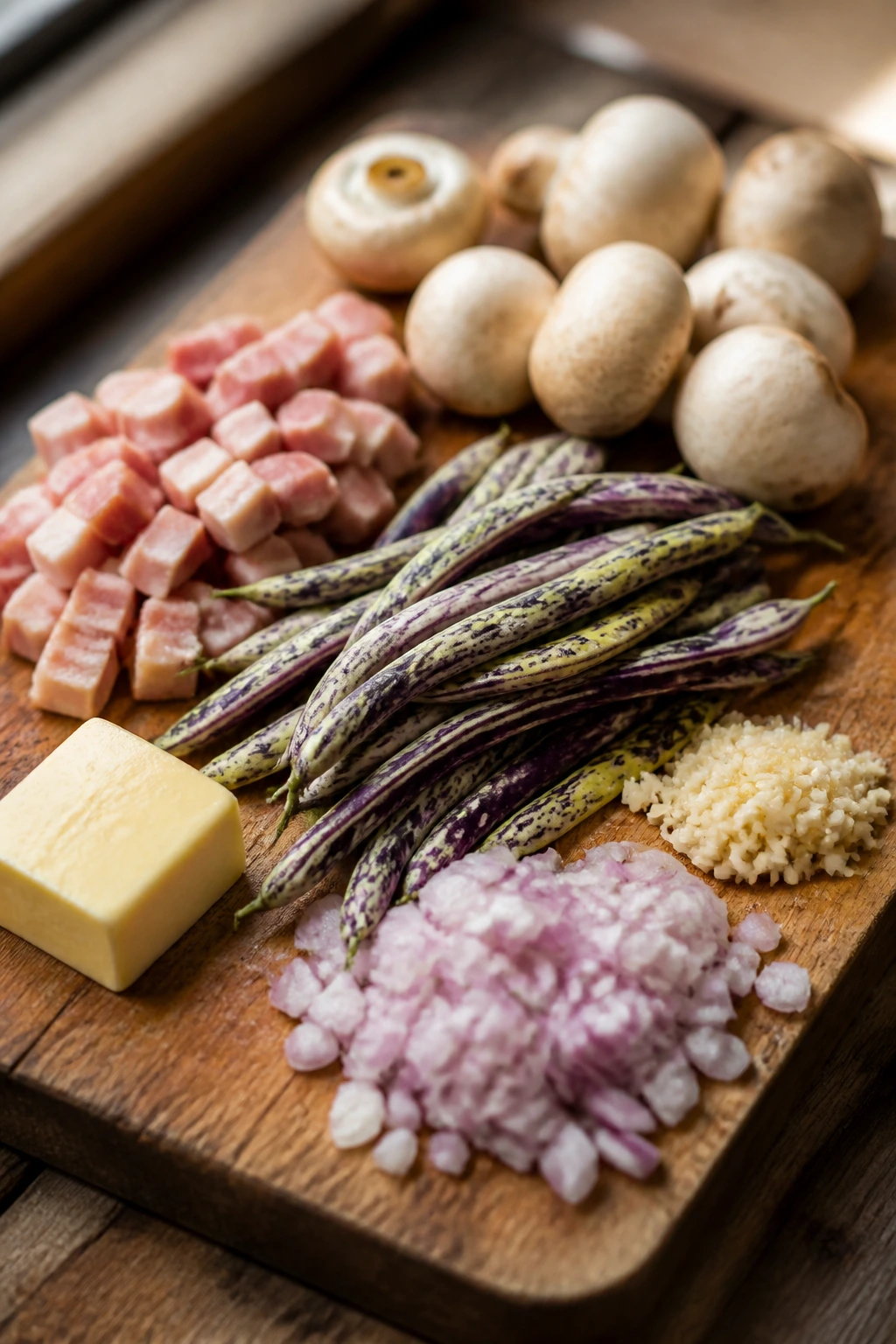 Close-up of essential ingredients including pancetta, butter, shallots, garlic, mushrooms, and dragon tongue beans on a cutting board.