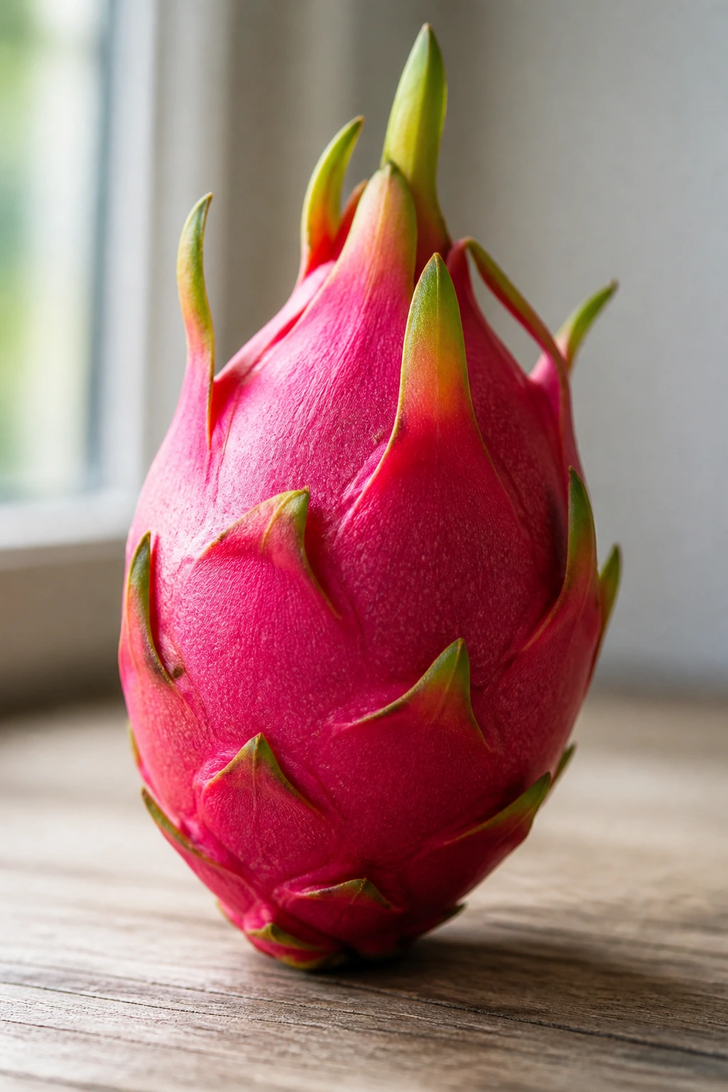 Single dragon fruit on wooden surface in natural light