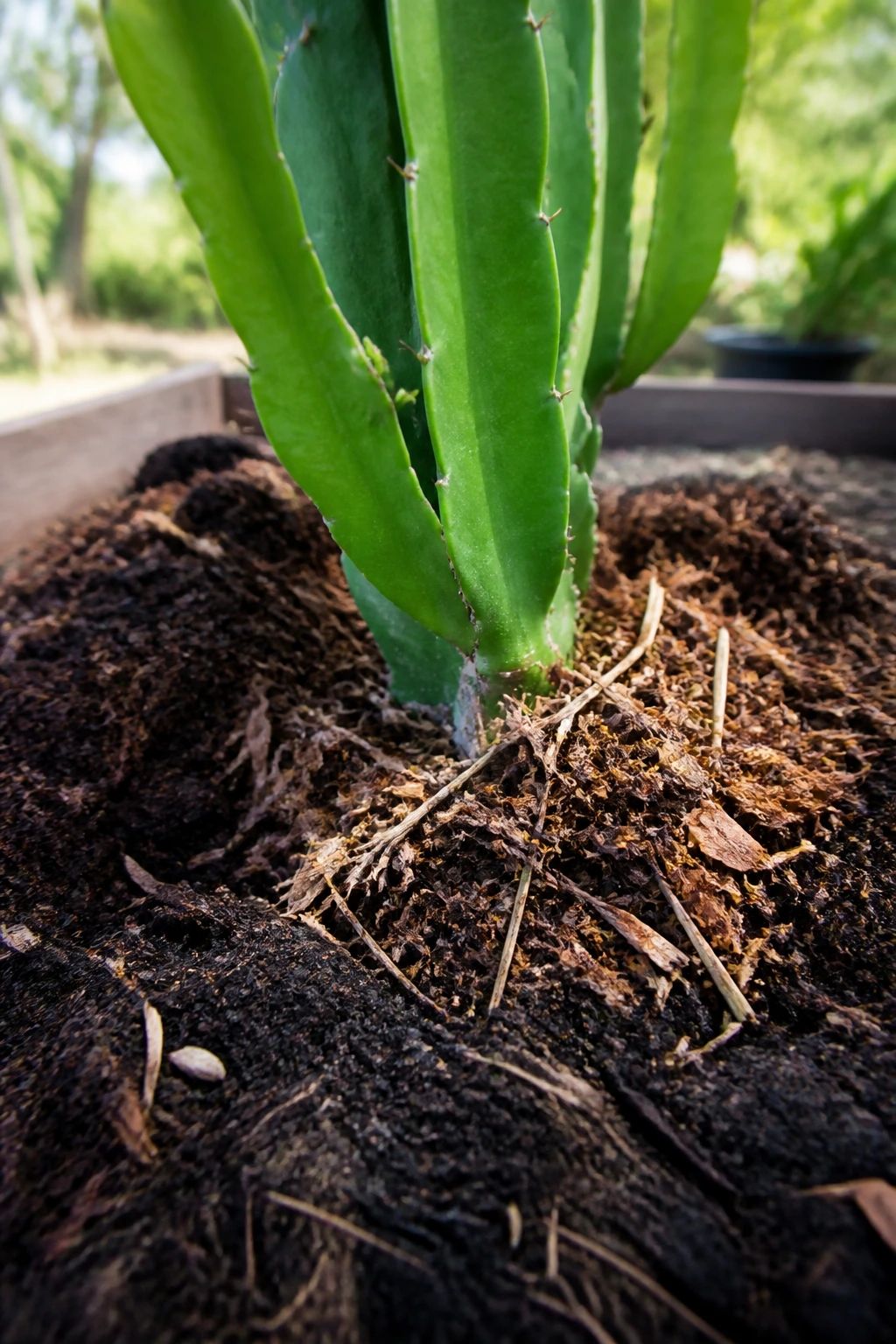 Dragon fruit plant base with compost around roots in garden bed