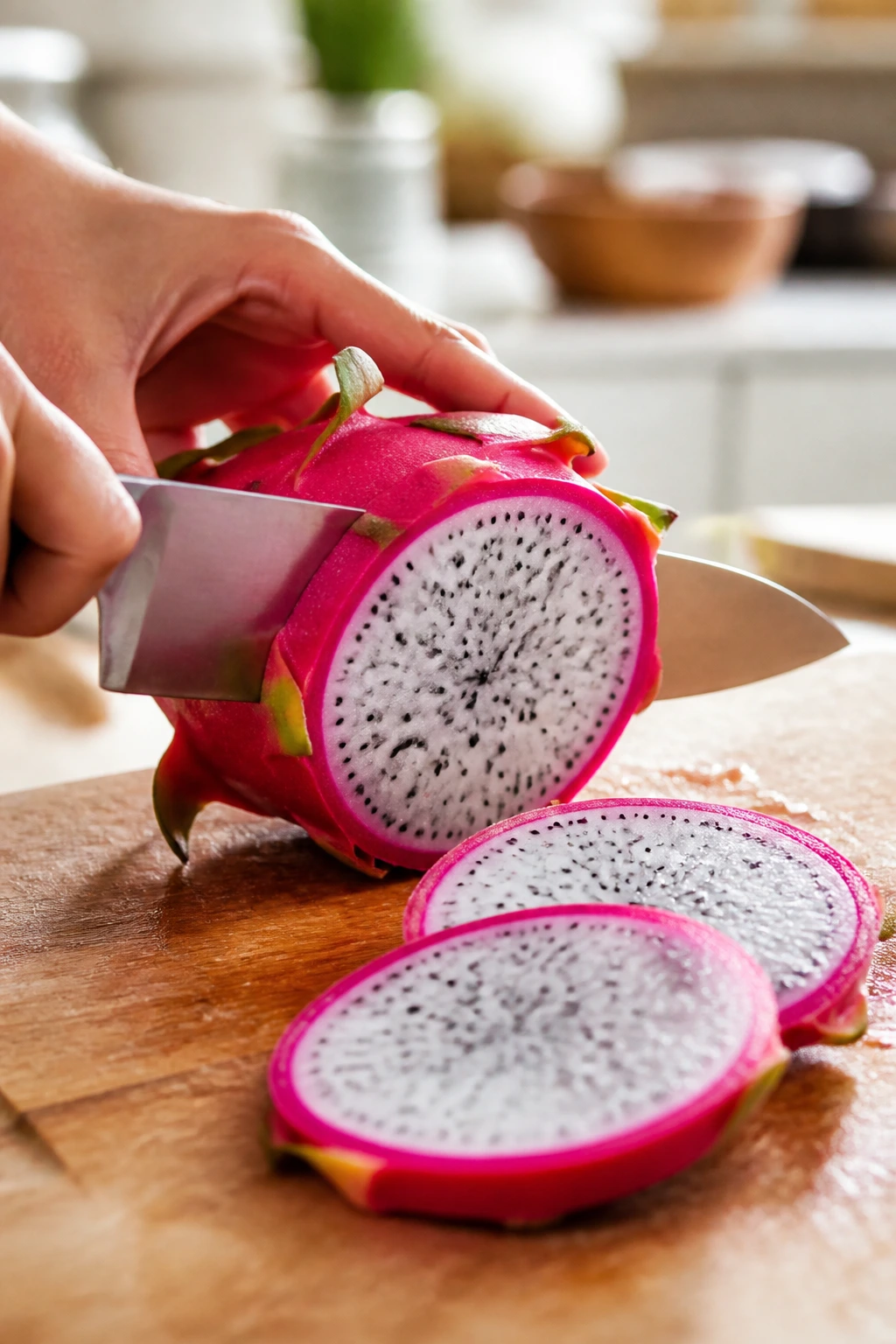 Sliced dragon fruit on cutting board ready to eat