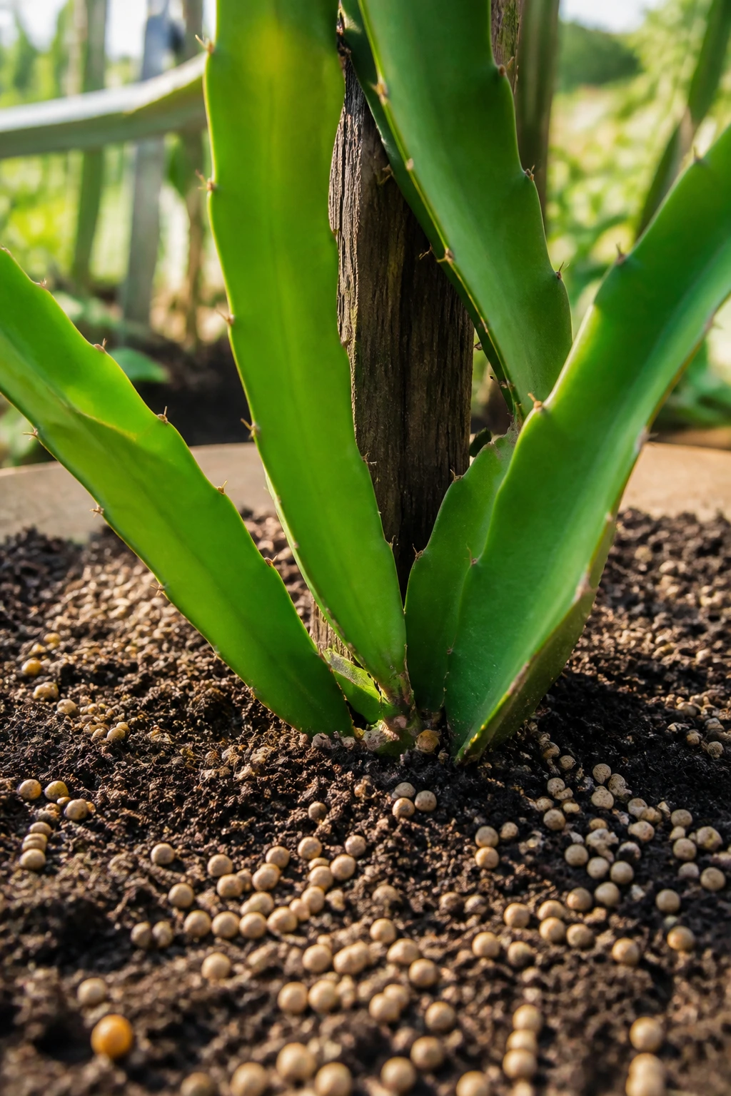 Dragon fruit plant with slow-release fertilizer around base