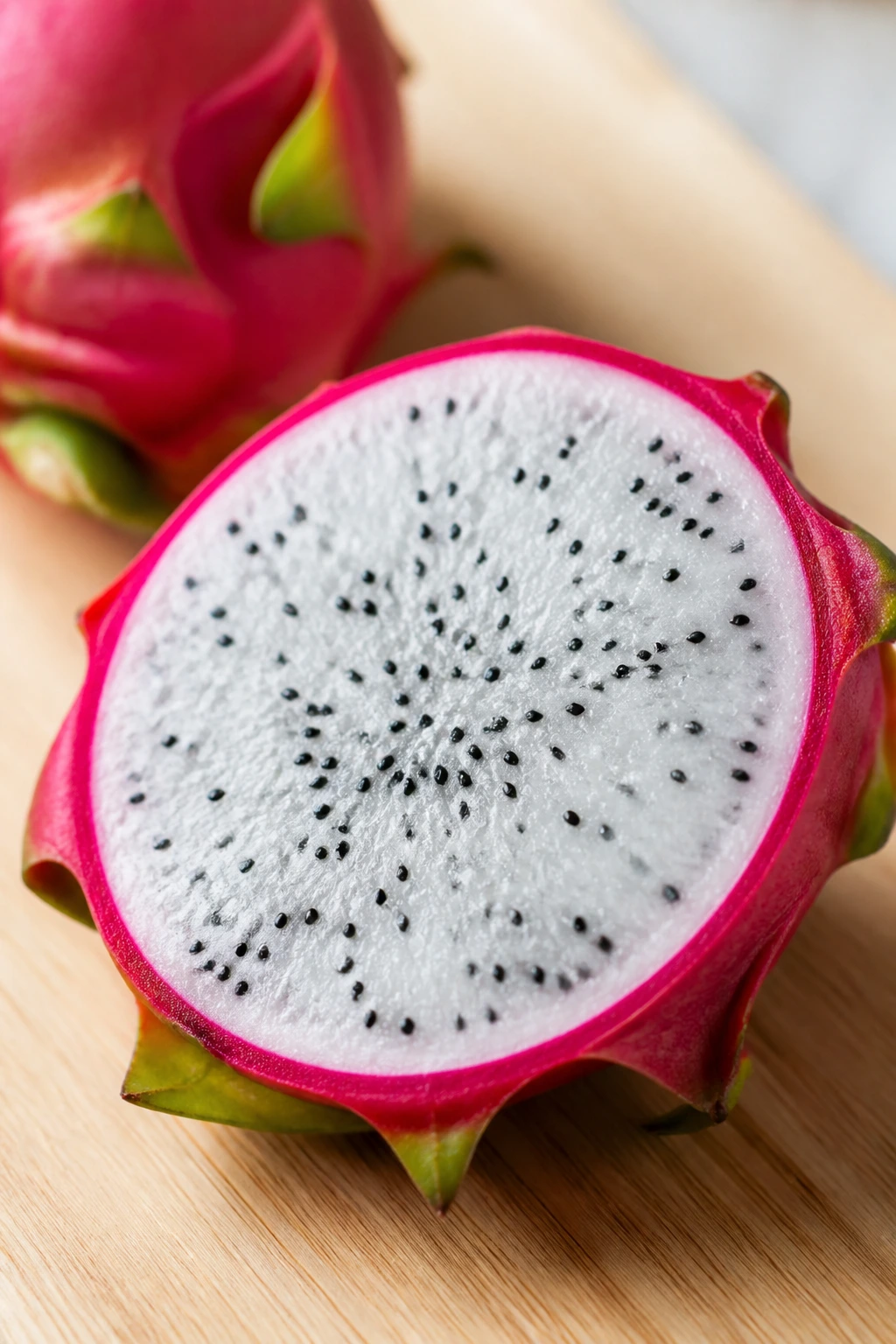 Cross-section of a dragon fruit showing interior seeds