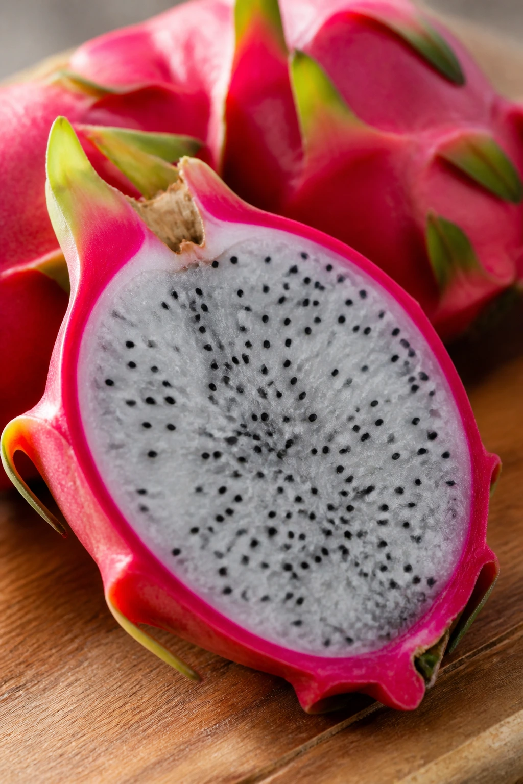 Halved dragon fruit with pink skin and white flesh on wood
