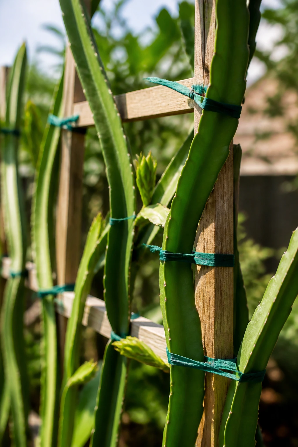 Dragon fruit plant stems tied to a trellis in a sunny garden