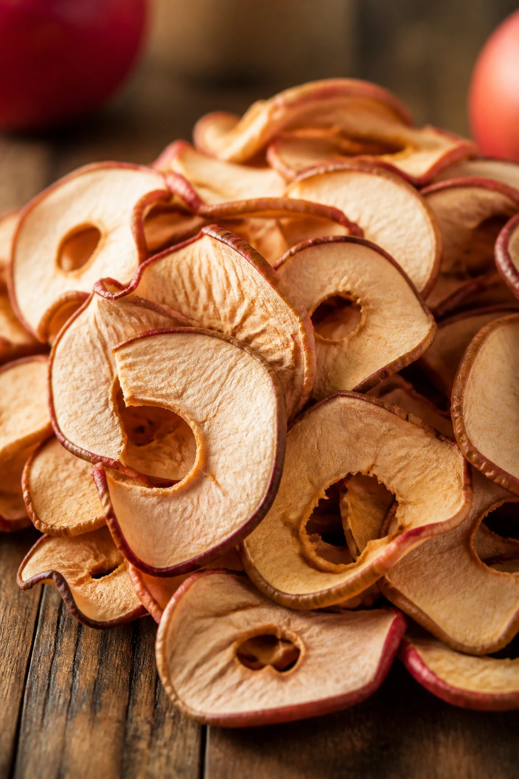 Are Dehydrated Apples Good For You? All You Need To Know 3 Pile of dried apple slices on wood