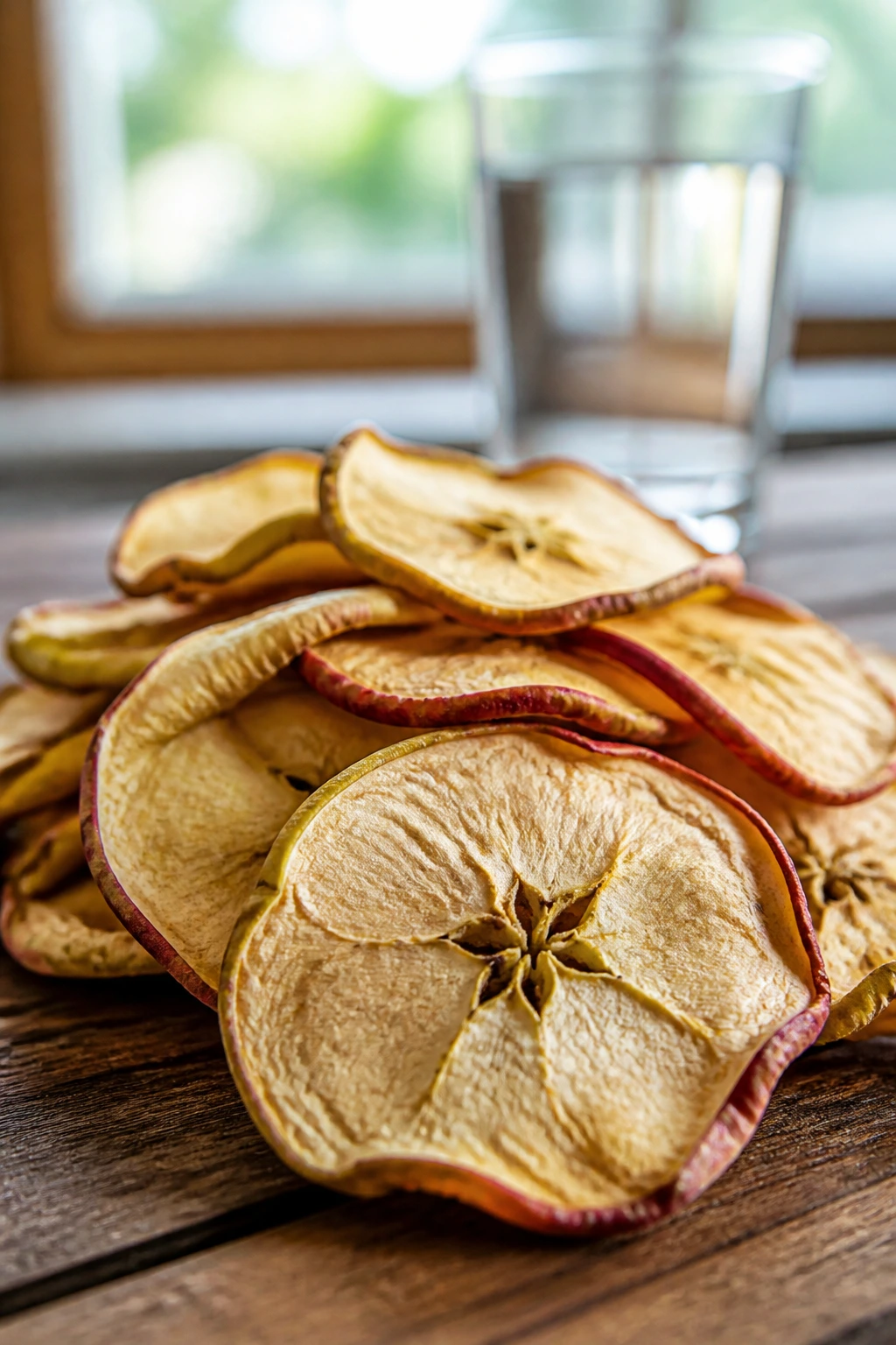 Are Dehydrated Apples Good For You? All You Need To Know 4 Dried apple slices with a glass of water in the background