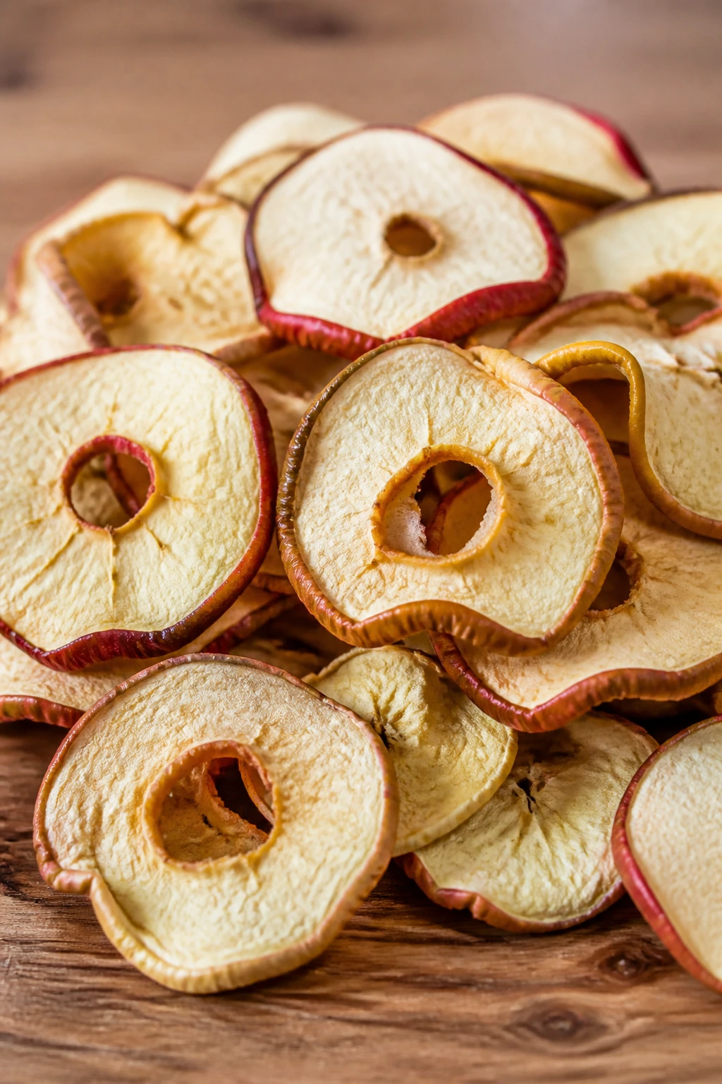 Are Dried Apples Good For Weight Loss? All You Need To Know 2 Close up of dried apple slices stacked on wooden surface