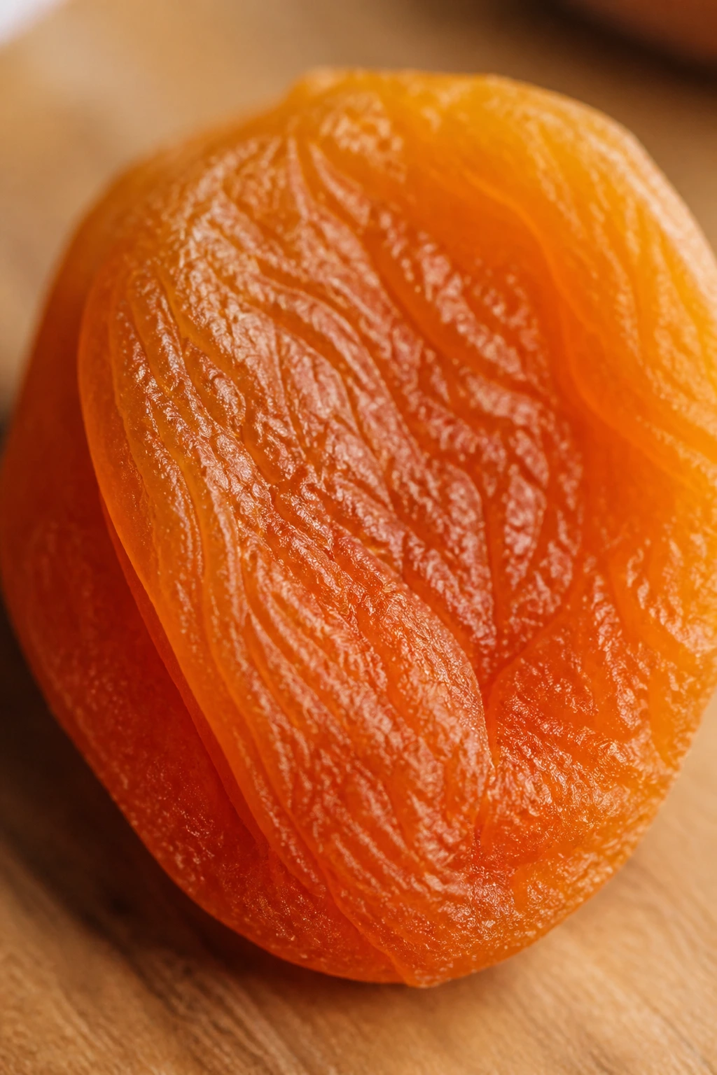 Close-up of a dried apricot filling the frame in warm kitchen light