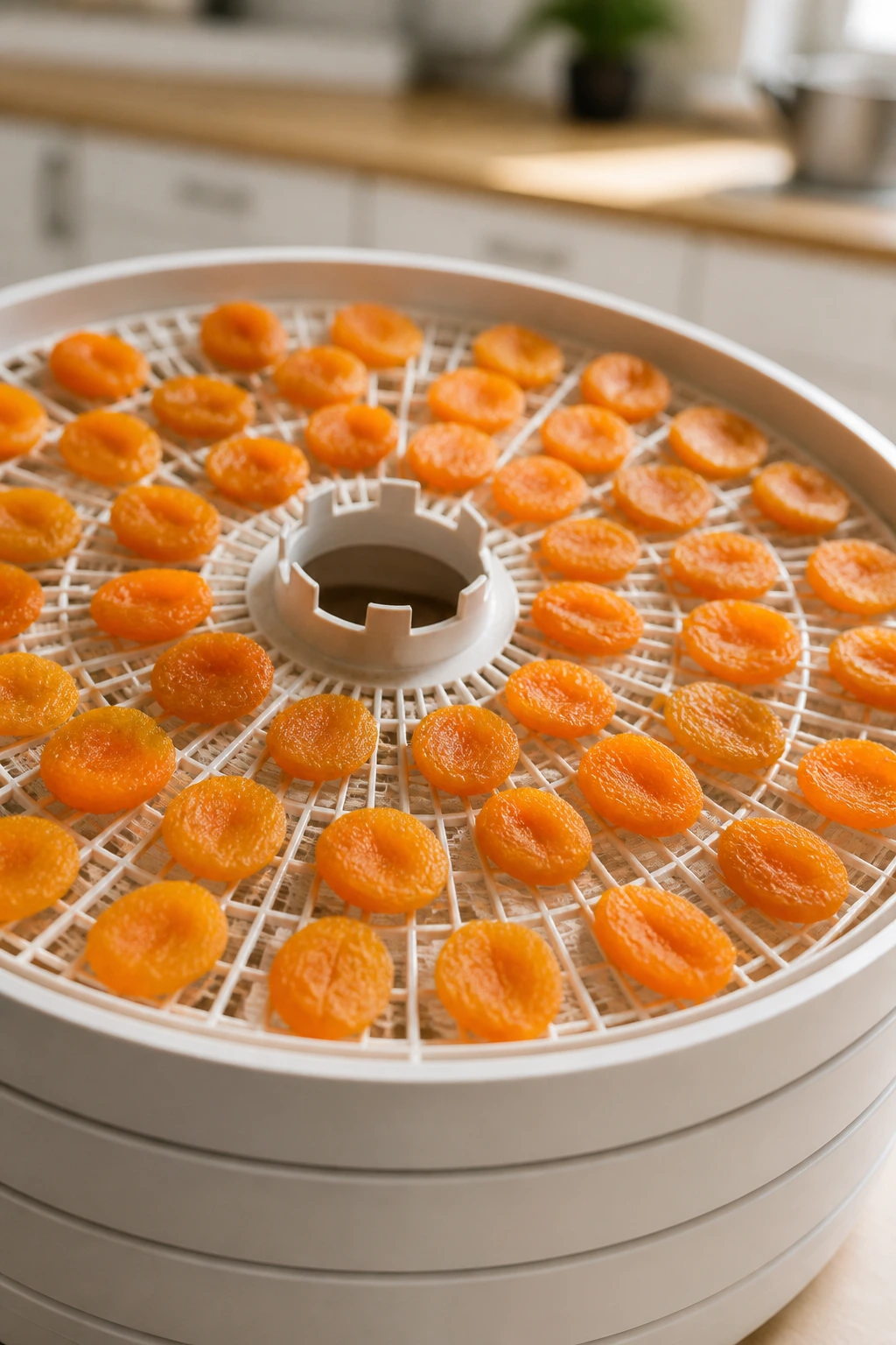 Apricot slices on a dehydrator tray ready for drying
