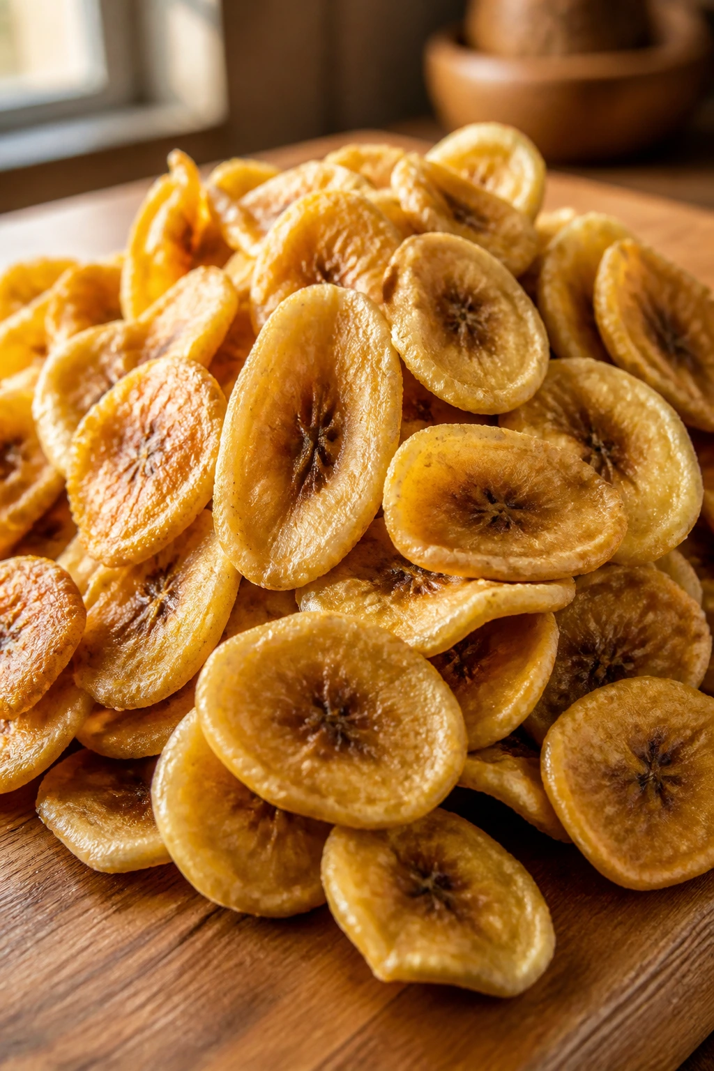 Close-up of dried banana chips on a wooden surface, vibrant golden color and texture