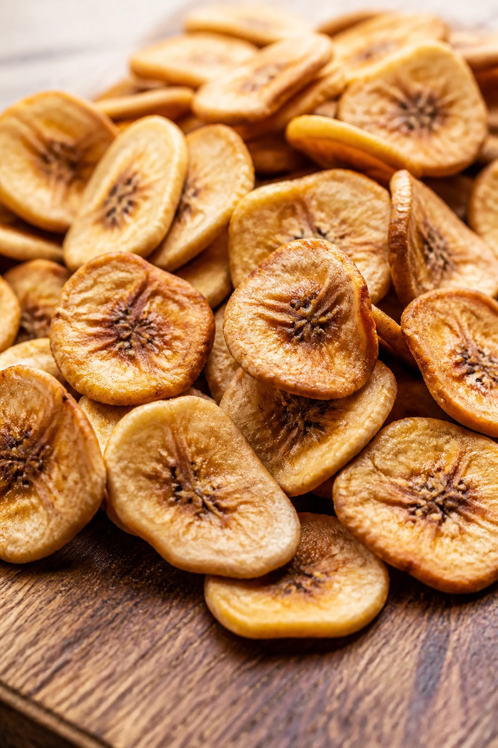 Close-up of dried banana slices on a wooden board.