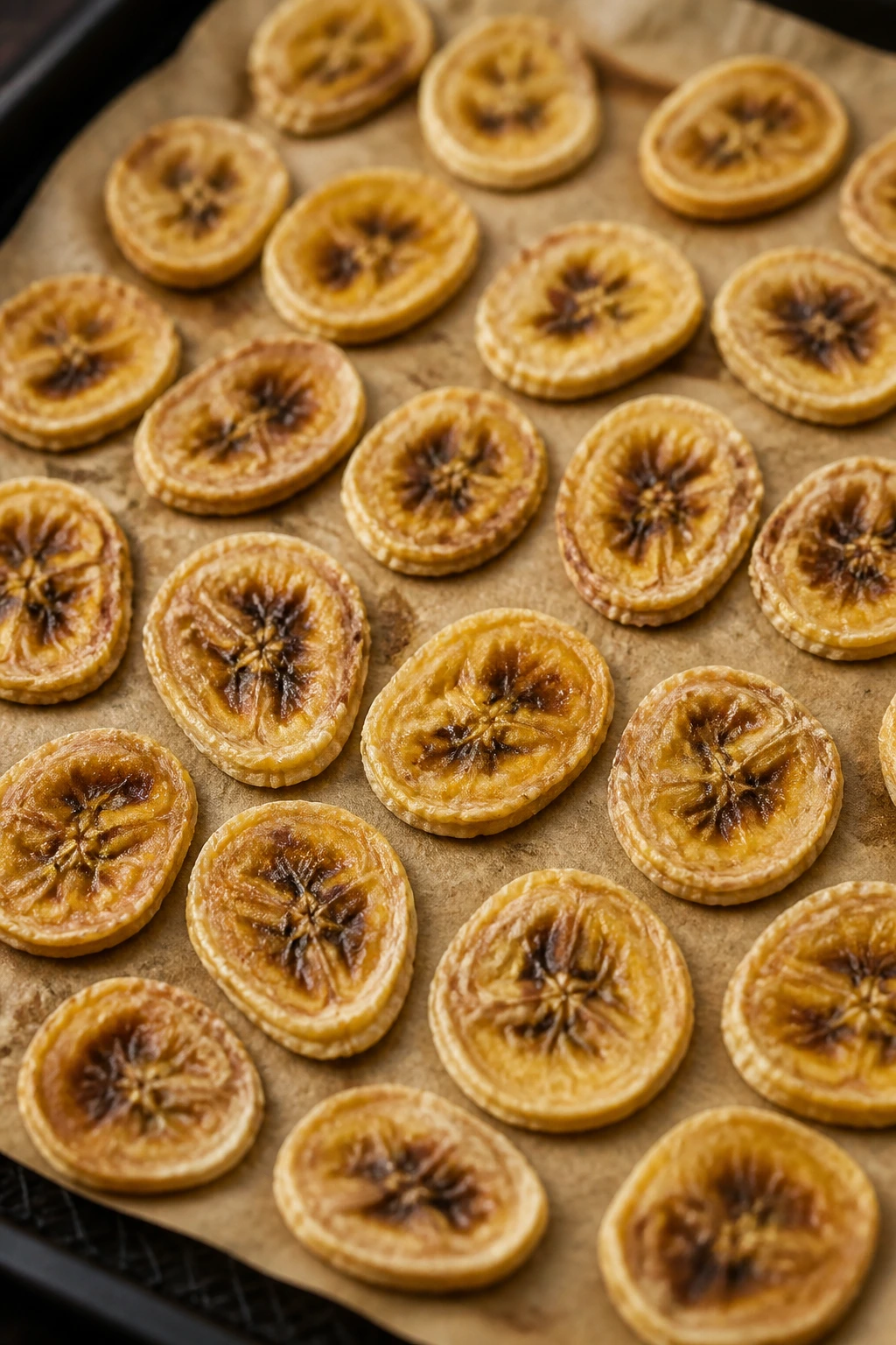 Close-up of dried banana slices on parchment-lined tray.