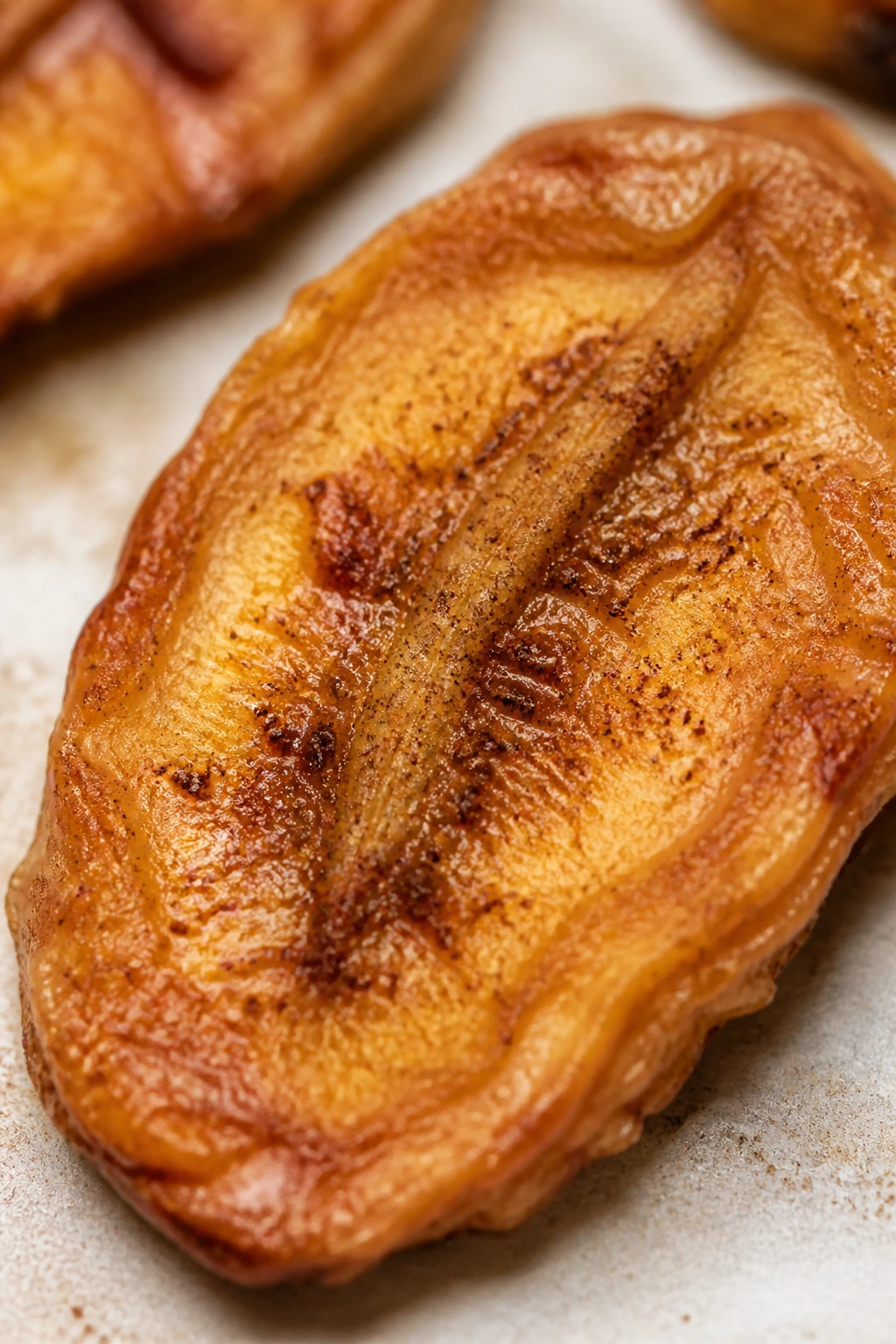 Close-up of a dried banana chip with cinnamon dust.