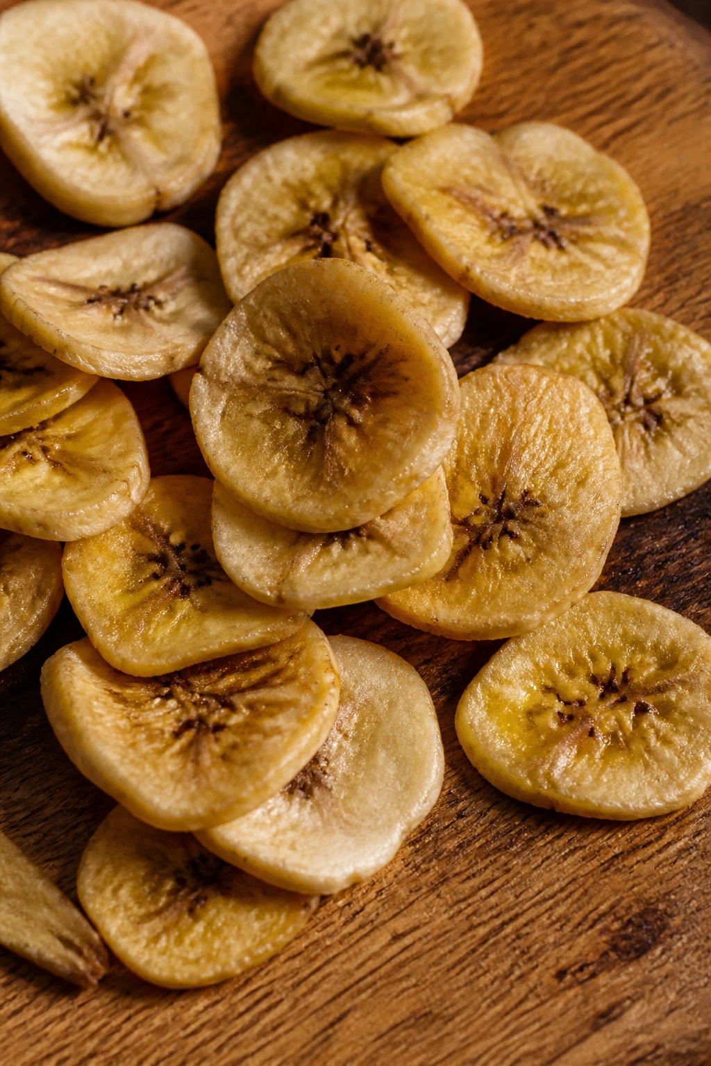 Dried banana chips scattered on wood surface