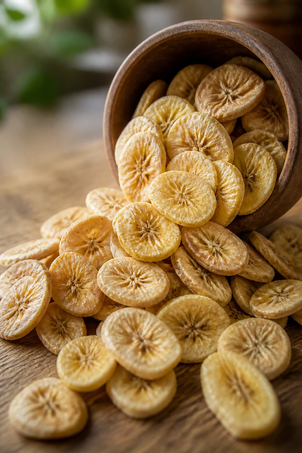 Dried banana slices in a small wooden bowl with warm lighting