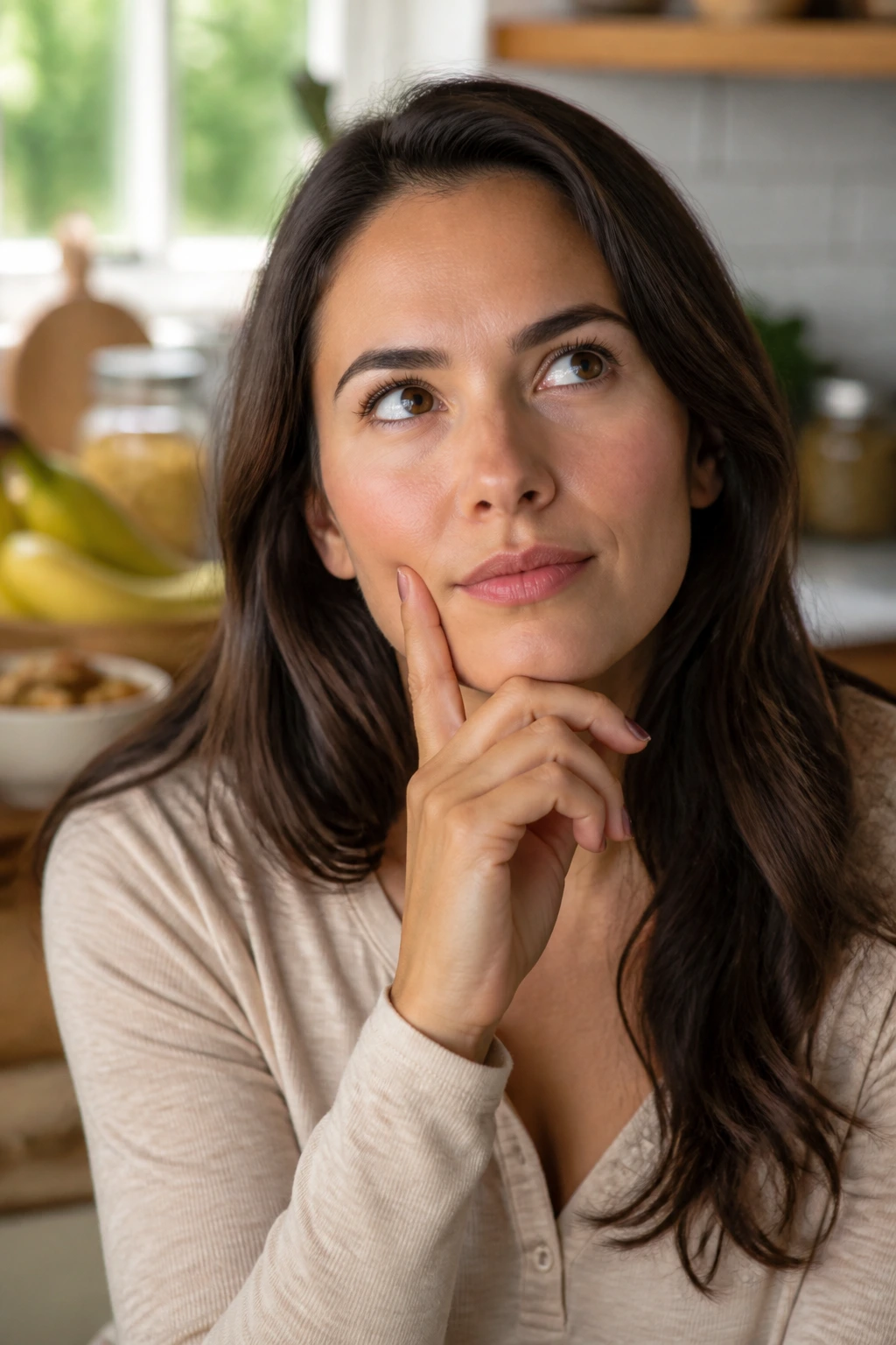 Close-up portrait of a real person in a warm kitchen contemplating dried bananas and nutrition