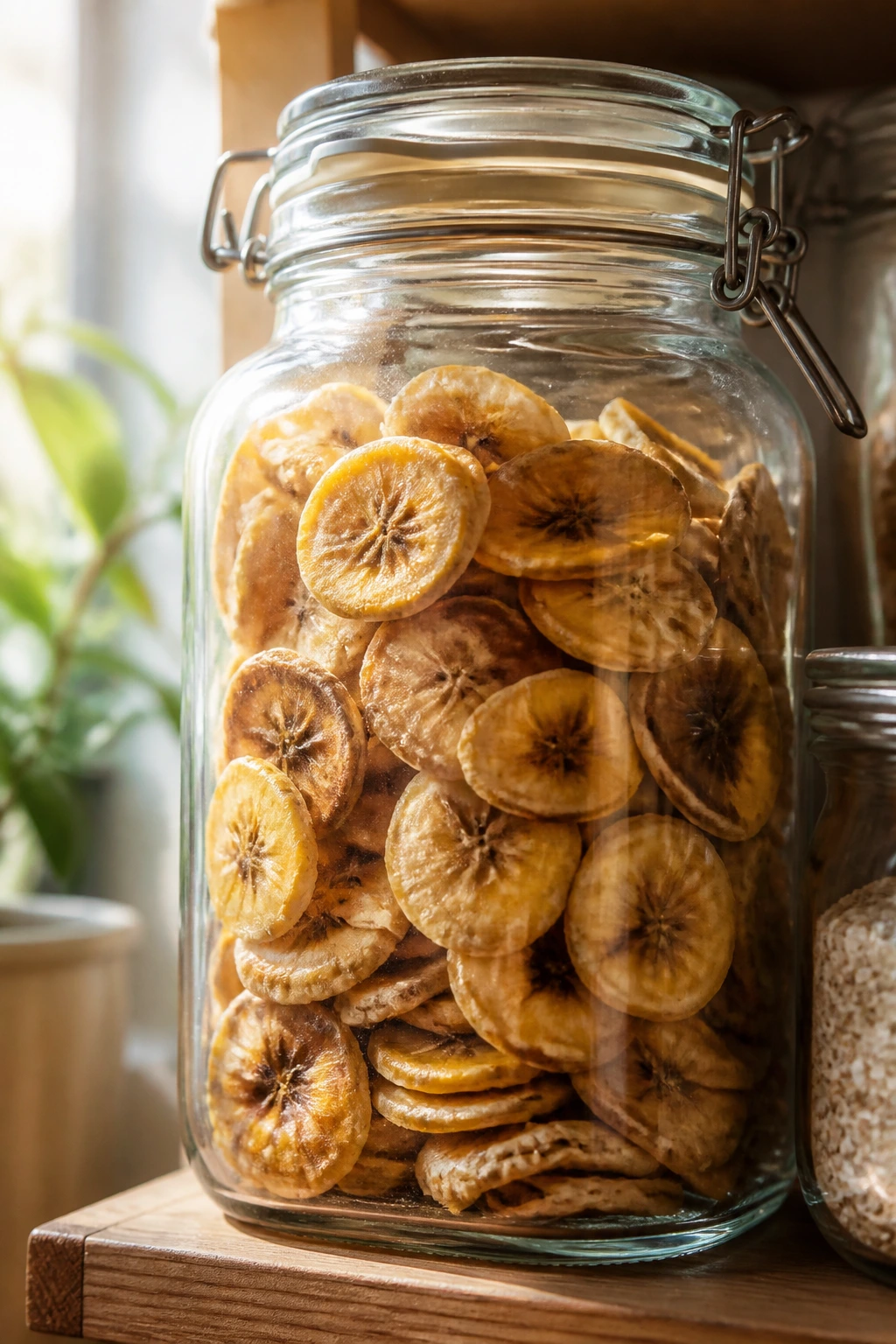 Jar of dried banana chips on pantry shelf with natural light