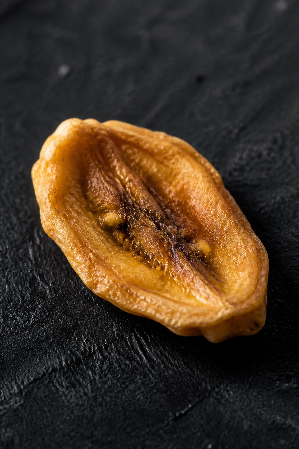 Close-up of a single dried banana piece with moody lighting