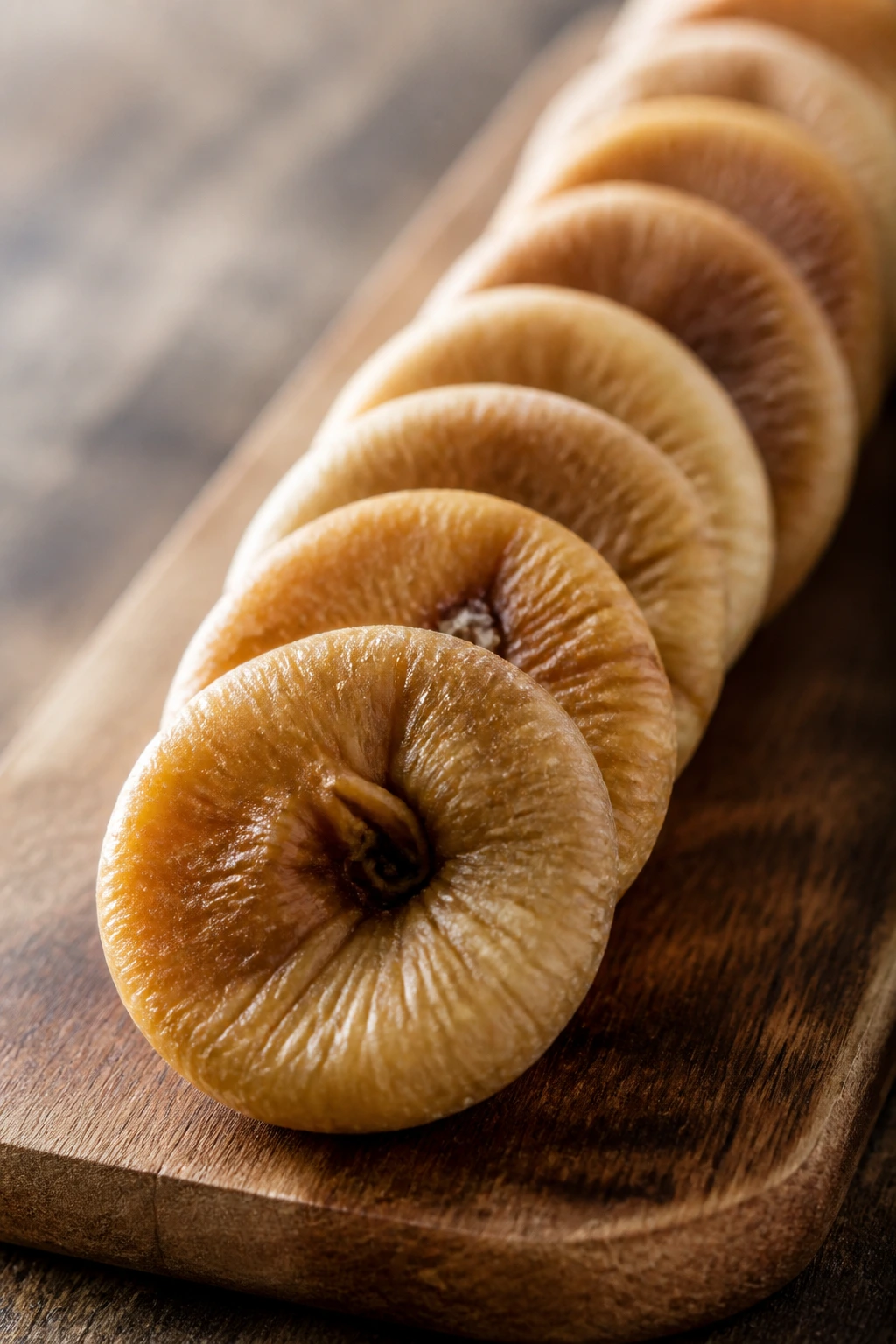 Row of dried figs lined up on wood showing texture and color