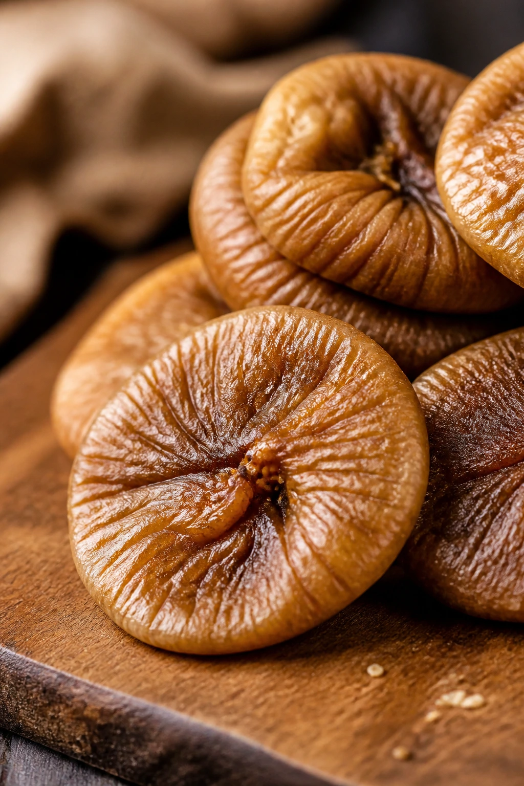 12 Incredible Benefits Of Eating Dry Fruits In The Morning 5 Close-up of dried figs stacked on a wooden board