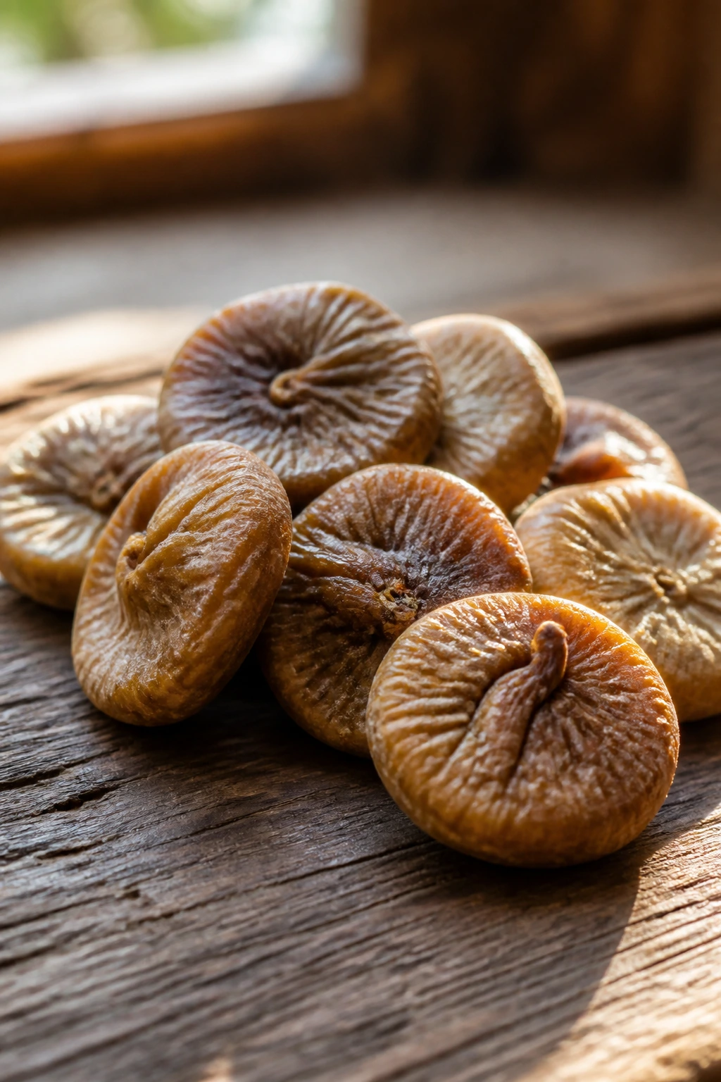 Close-up of dried figs piled on wood surface showing rich color and wrinkled texture
