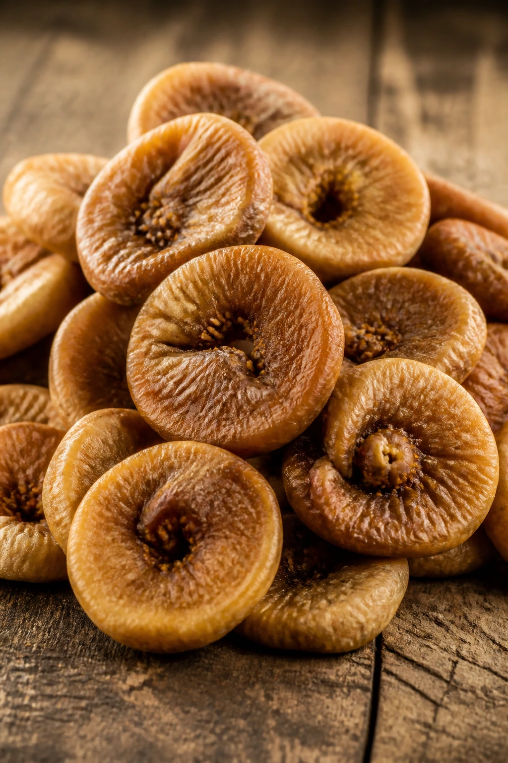Close-up of dried figs piled on a wooden surface