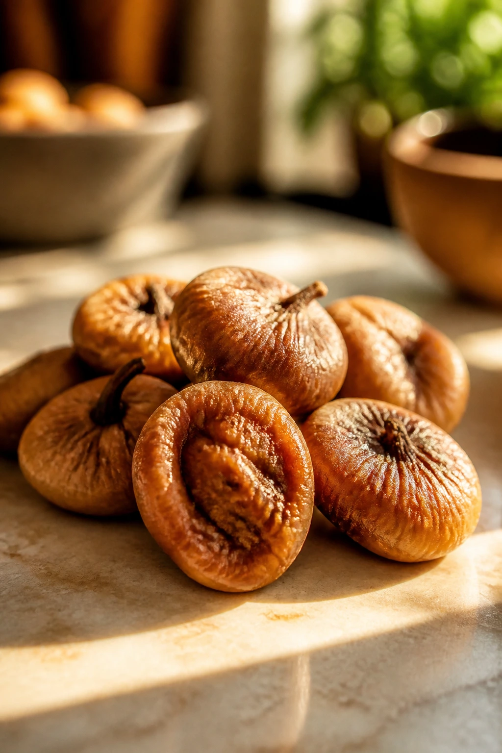 Handful of dried figs on a kitchen counter