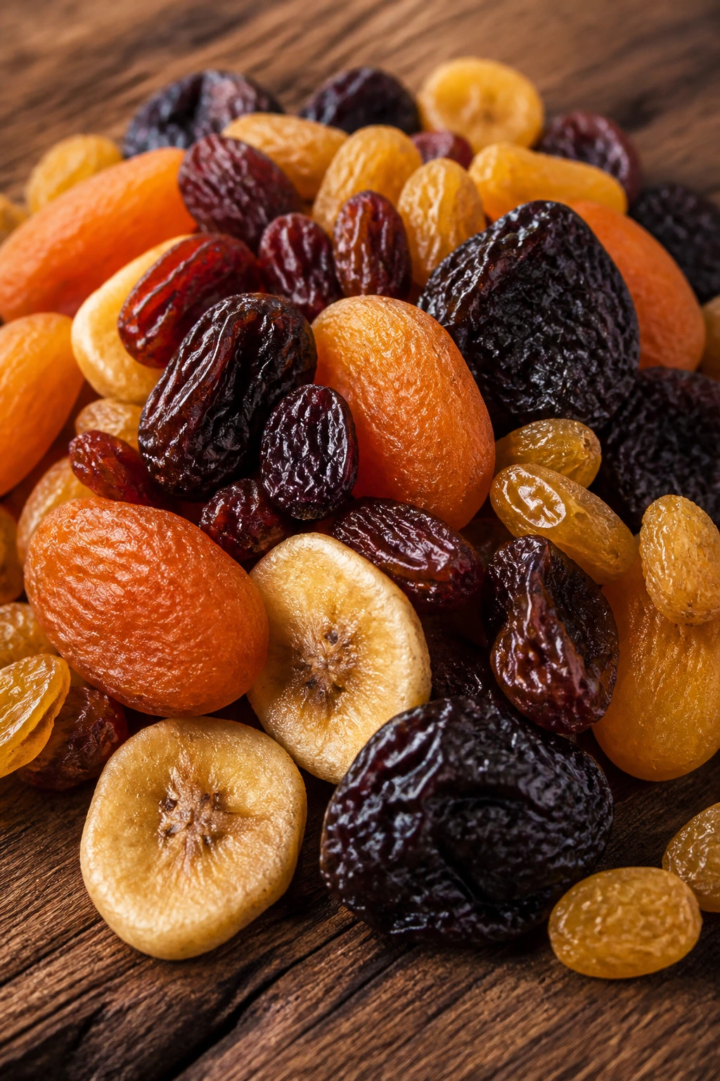 Handful of assorted dried fruits filling the frame on wood