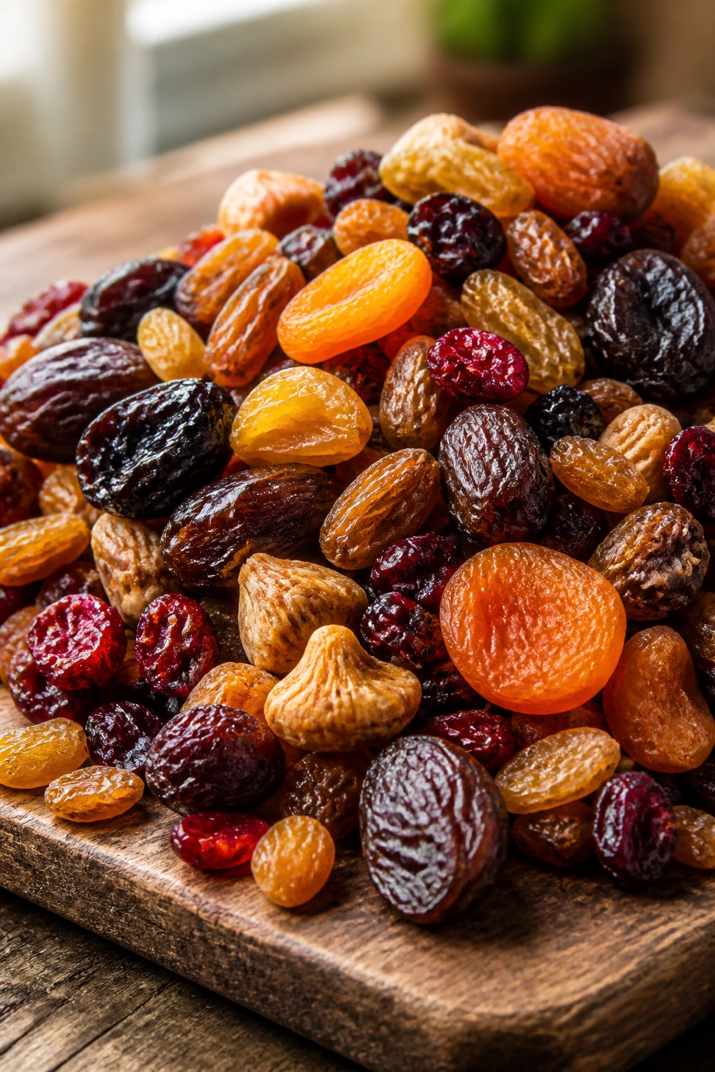 Close-up of a pile of mixed dried fruits on a wooden cutting board