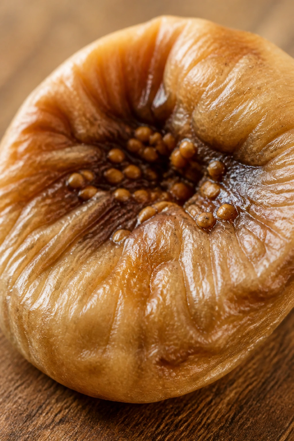 Extreme close-up of a dried fig with textured surface and seeds