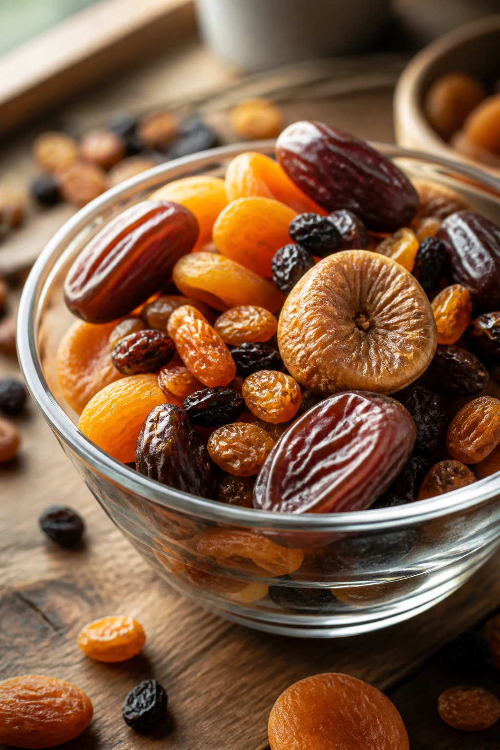 Close-up of mixed dried fruits in a glass bowl on a wooden table