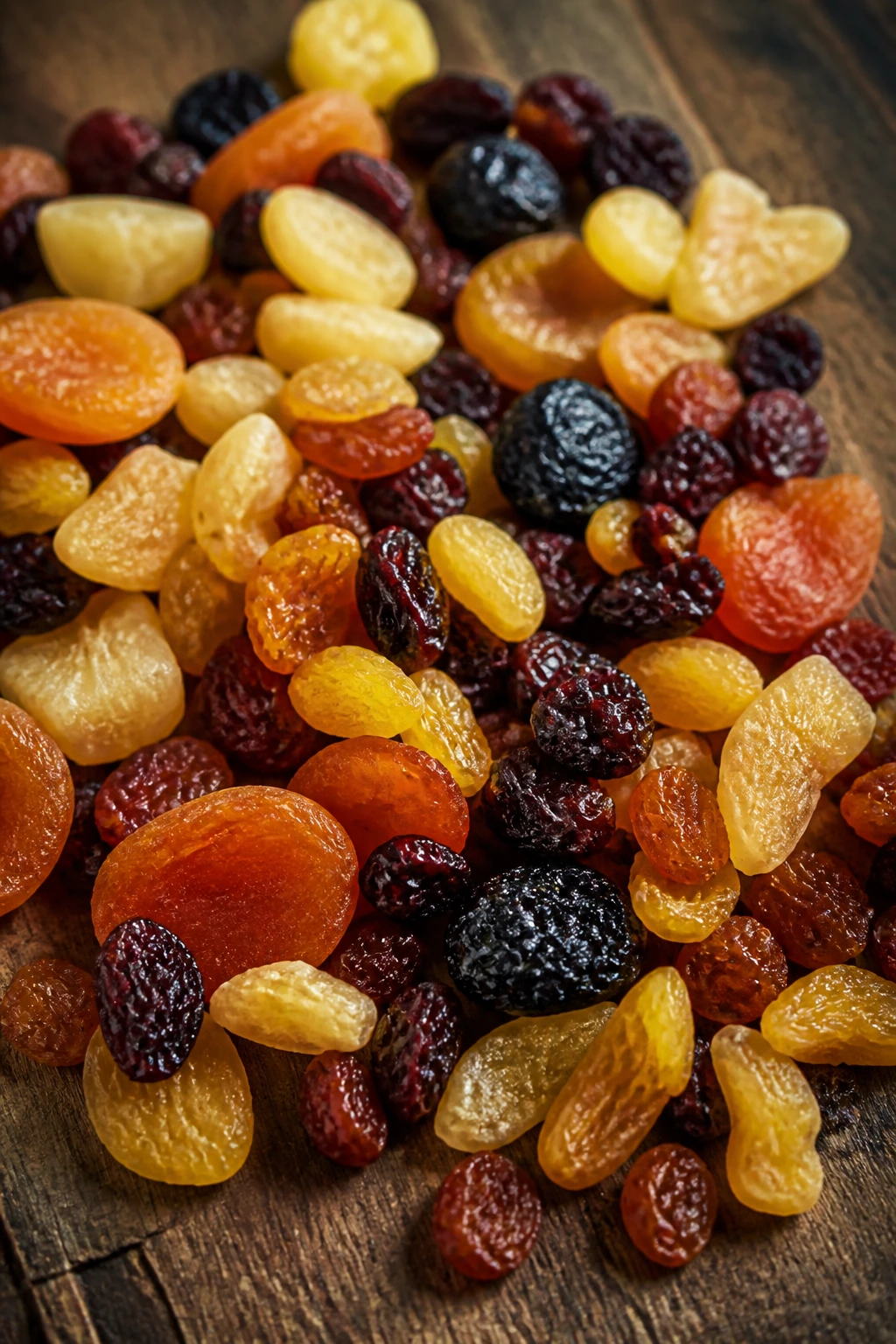 Handful of mixed dried fruits filling the frame