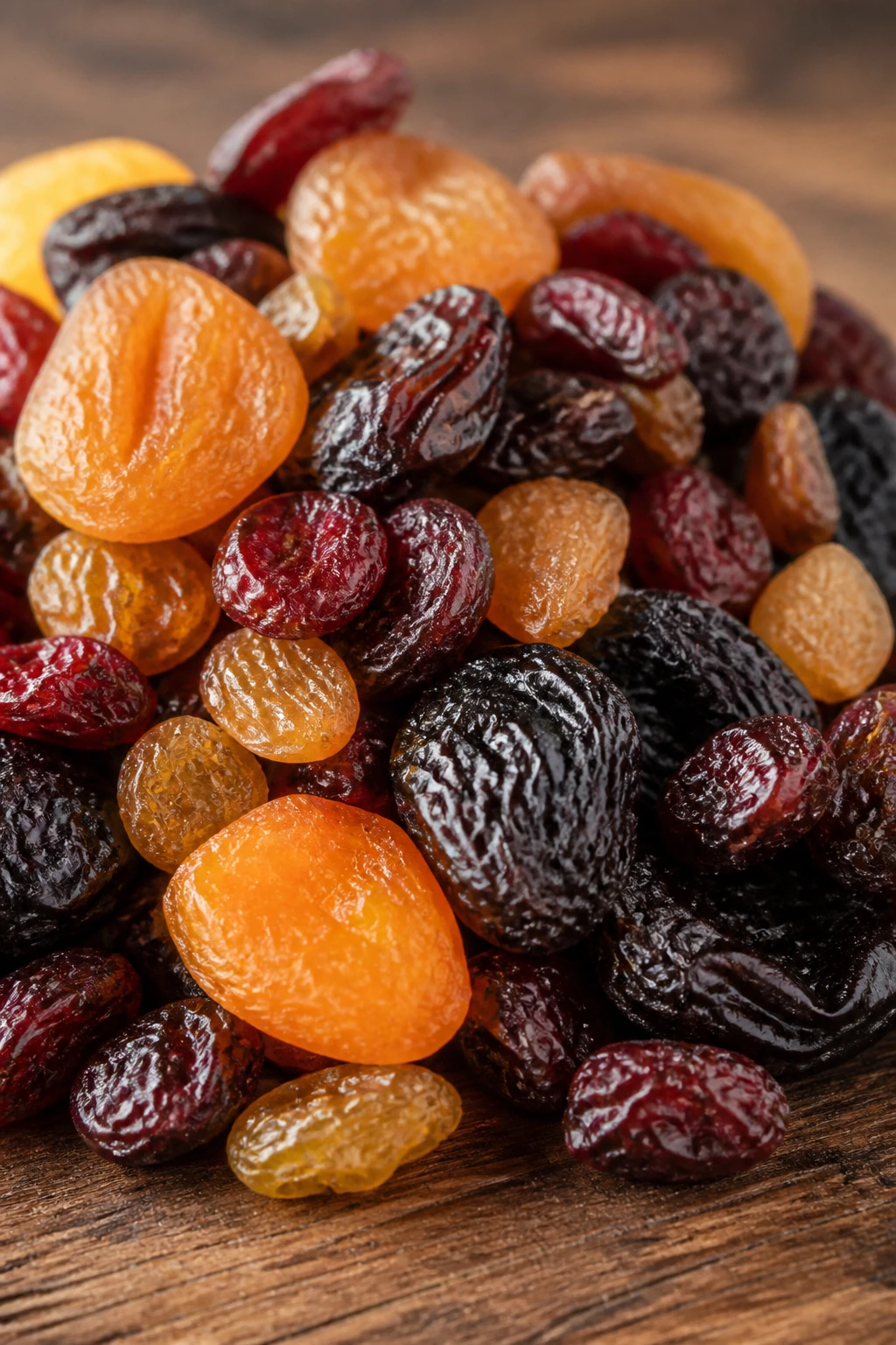 Dried fruits filling a wooden surface