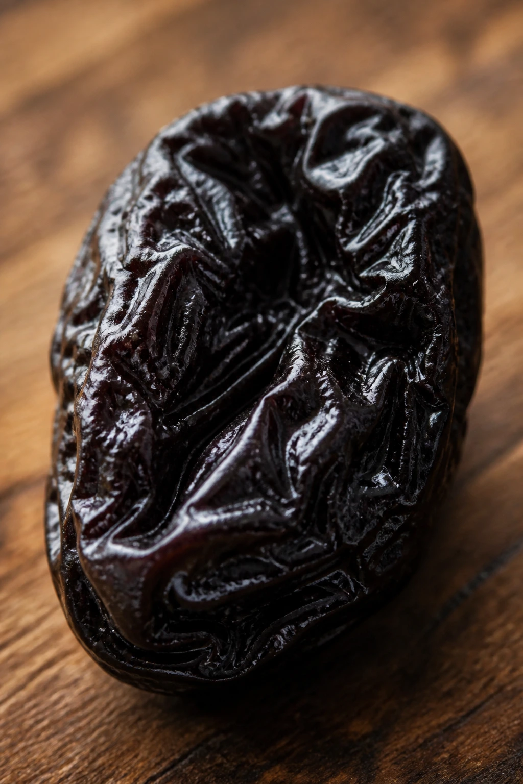 Close-up of a dark prune on wood