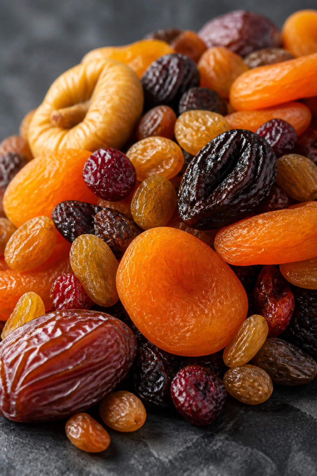 Close-up of mixed dried fruits on slate