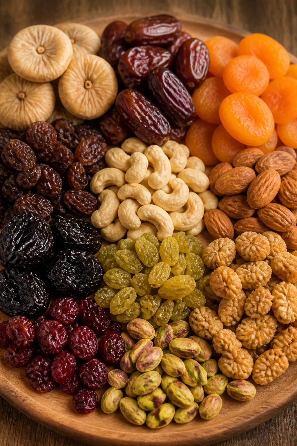 Discover the Best Dry Fruits for Weight Gain: Top 12 Choices 7 Twelve varieties of dried fruits arranged on a wooden board