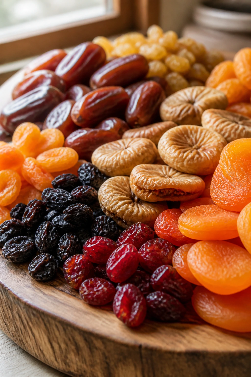 Close-up of colorful dried fruits on a wooden board