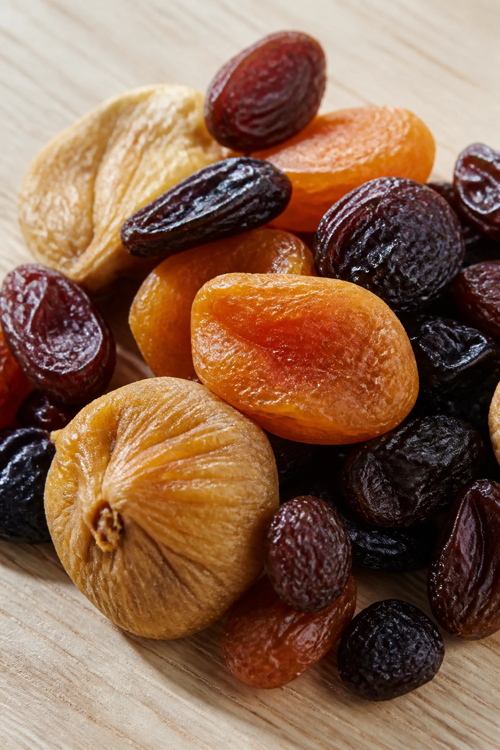 Small handful of plain dried fruits on a wooden table