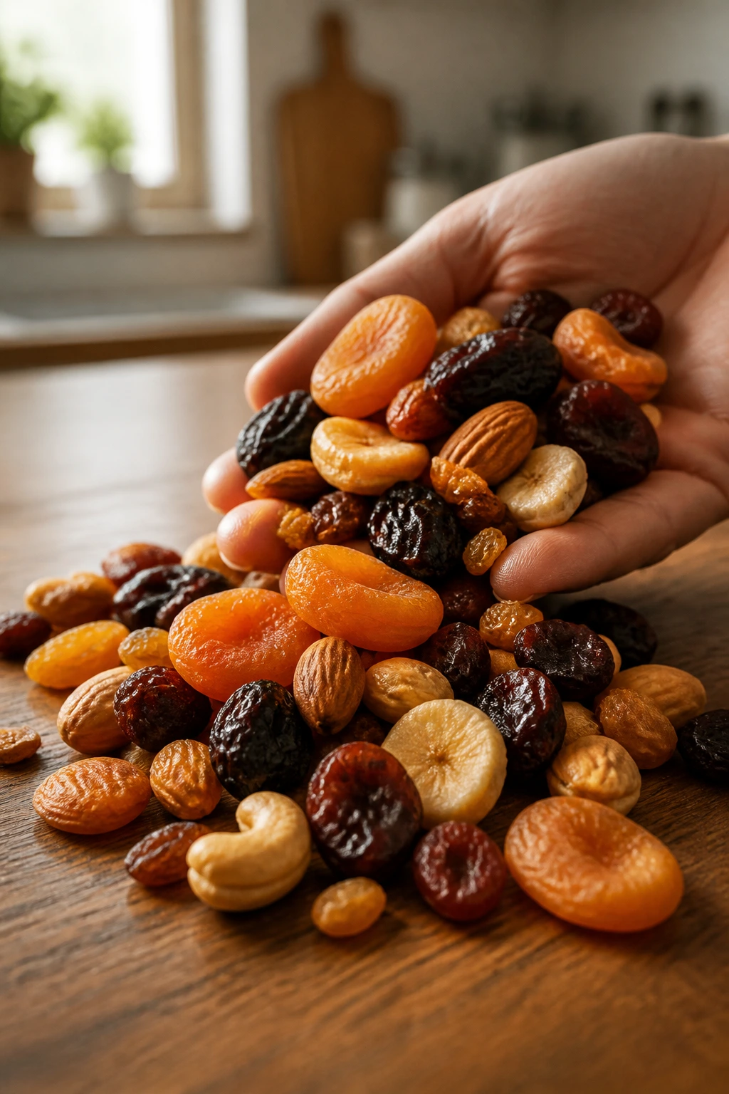 What Is The Best Time To Eat Dry Fruits For Weight Loss? 9 Close-up of mixed dried fruits on a wooden counter, illustrating portion control