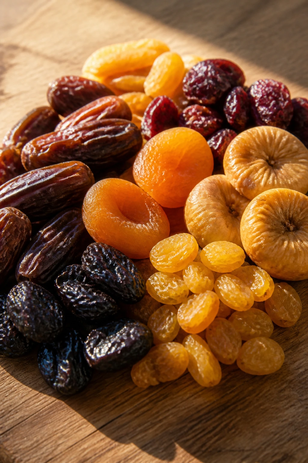 What Is The Best Time To Eat Dry Fruits For Weight Loss? 5 Close-up cluster of dried fruits on wood in morning light