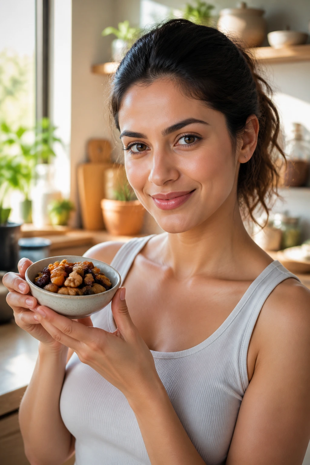 What Is The Best Time To Eat Dry Fruits For Weight Loss? 10 Real person in a sunlit kitchen holding dried fruits, conveying a healthy conclusion