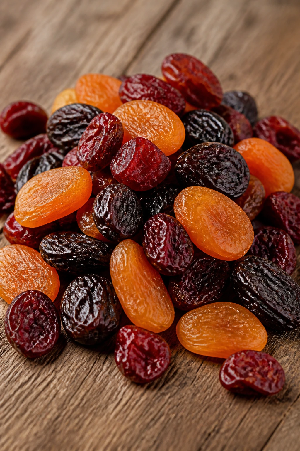 Pile of mixed dried fruits showing varied textures