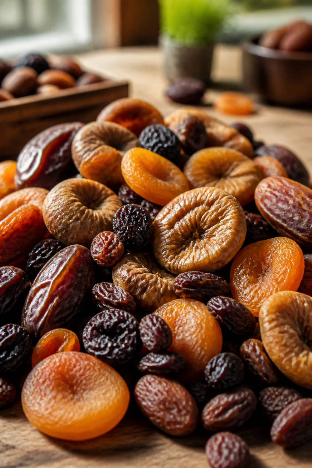 What Is The Best Time To Eat Dry Fruits For Weight Loss? 3 Close-up of mixed dried fruits filling a wooden surface